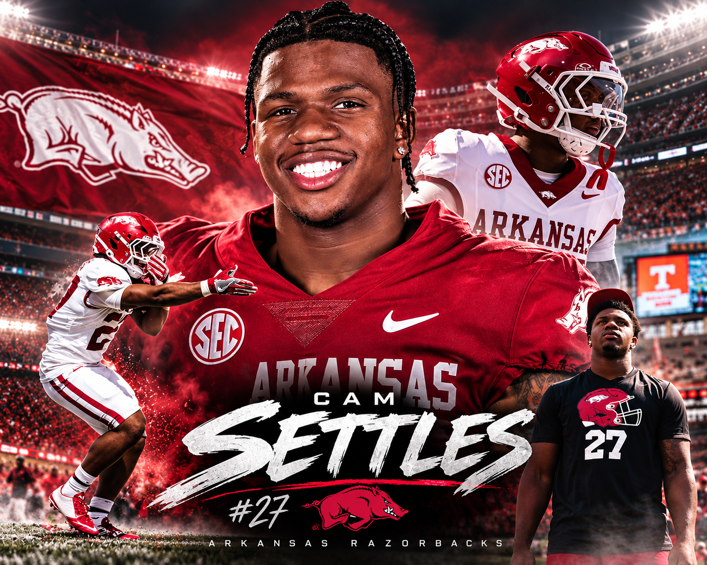 Cam Settles in an Arkansas Razorbacks football collage with game-action images and number 27