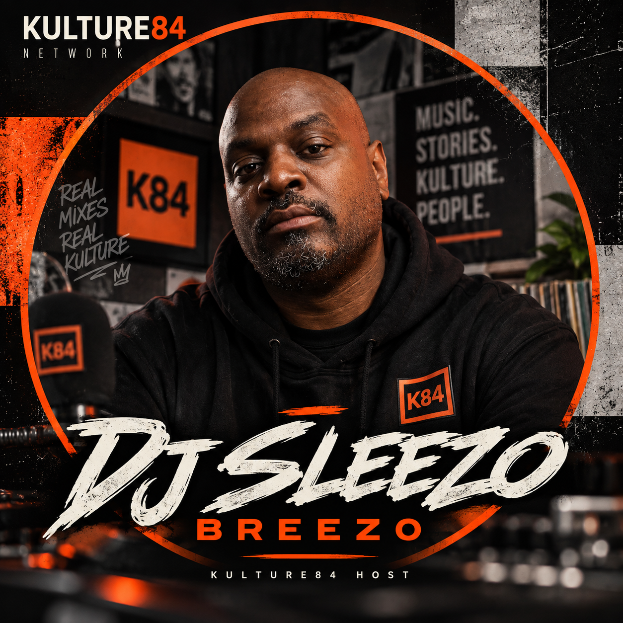 DJ Sleezo Breezo, KULTURE84 host and music contributor, in an orange-and-black editorial portrait