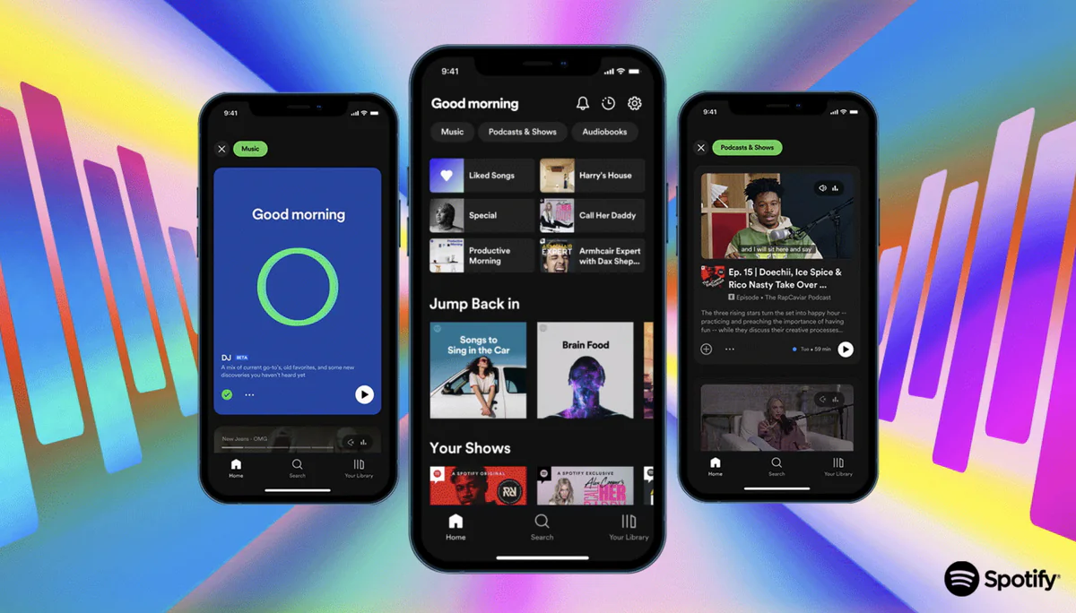 Spotify mobile interfaces displayed across three phones on a colorful gradient background.